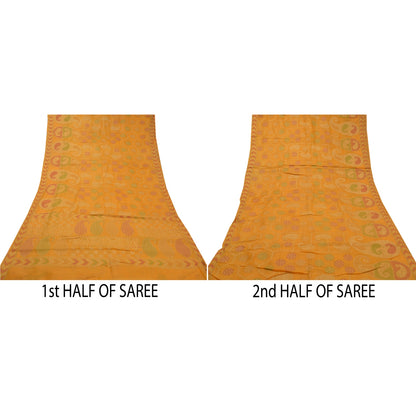 Sanskriti Vintage Saffron Indian Sarees Pure Silk Hand-Woven Craft Sari Sustainable Fabric