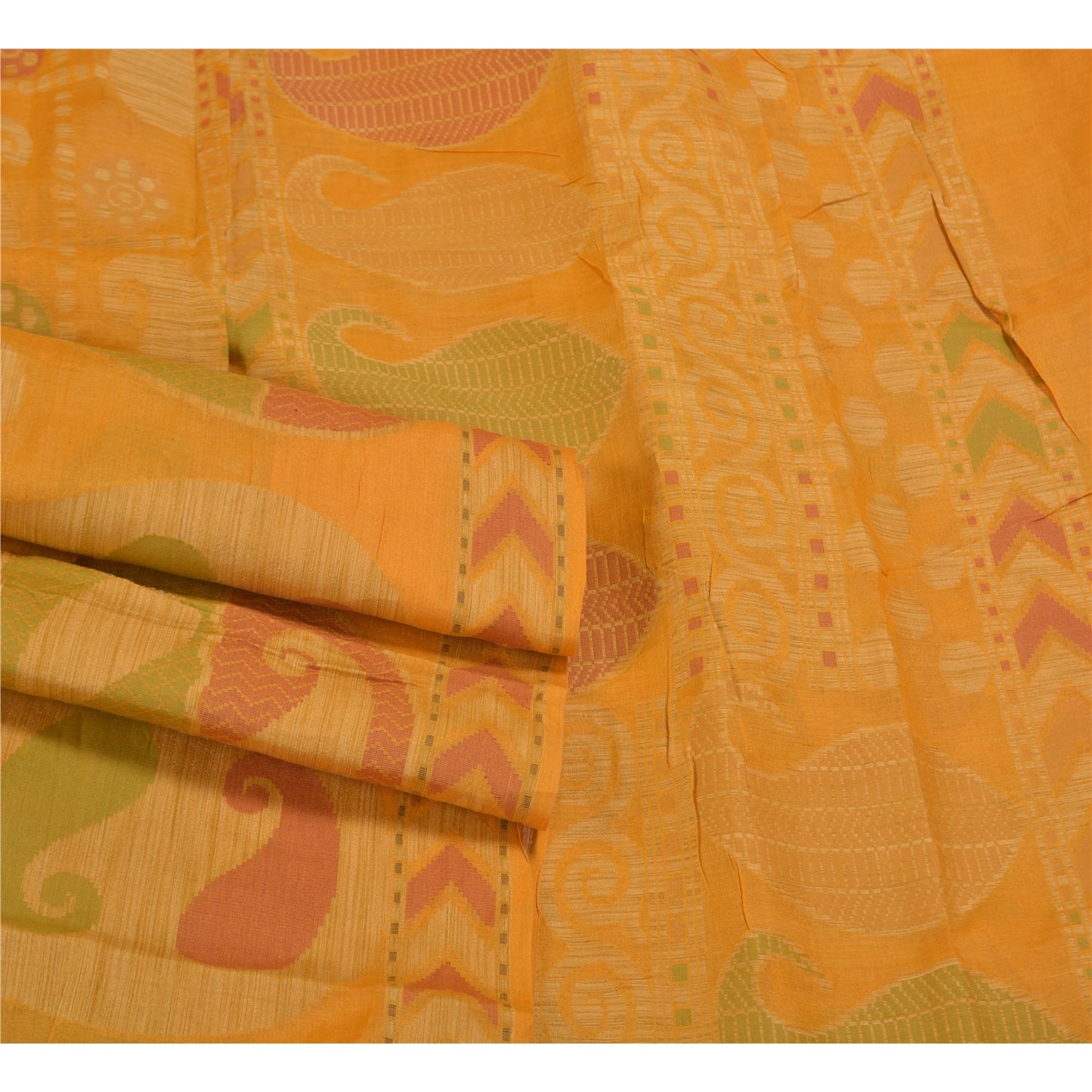 Sanskriti Vintage Saffron Indian Sarees Pure Silk Hand-Woven Craft Sari Sustainable Fabric