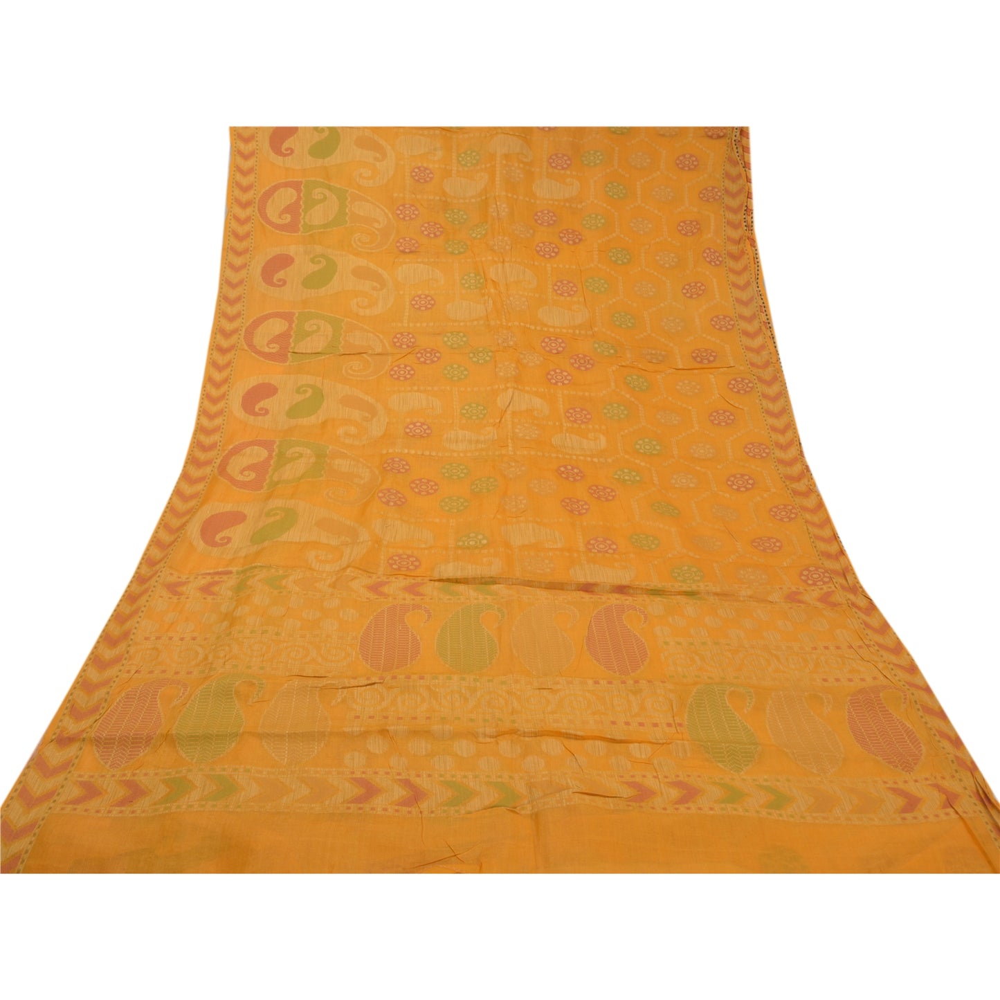 Sanskriti Vintage Saffron Indian Sarees Pure Silk Hand-Woven Craft Sari Sustainable Fabric