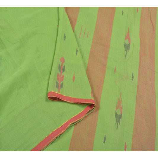 Sanskriti Vintage Green Sarees Pure Cotton Hand-Woven Indian Tant Sari Sustainable Fabric