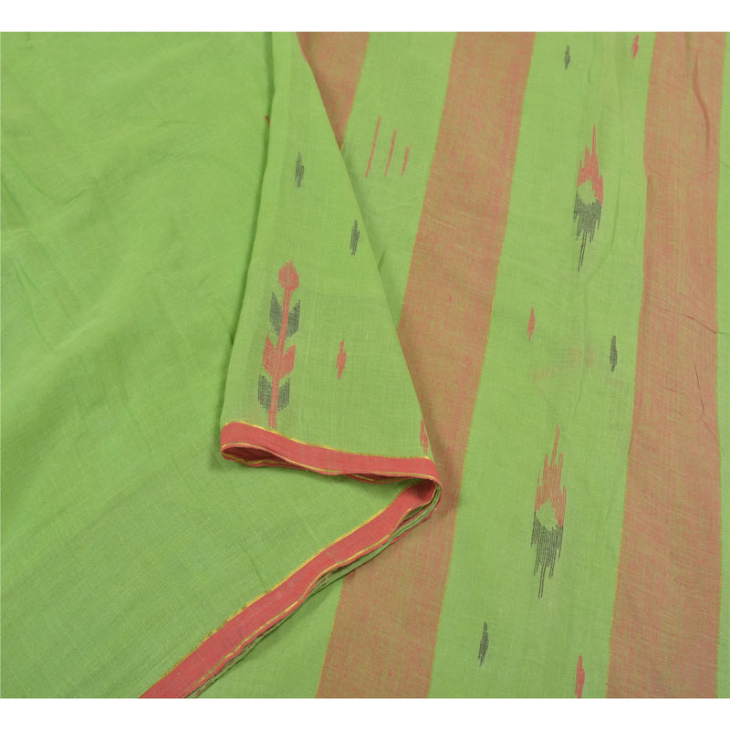Sanskriti Vintage Sari 100% Pure Cotton Light Green Saree Hand-WovenTant 5yd Craft Fabric upholstery fabric