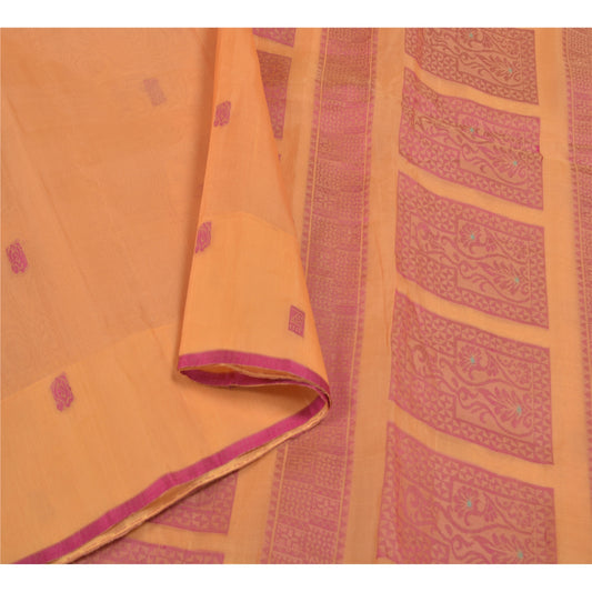 Sanskriti Vintage Fawn Indian Sarees 100% Pure Silk Hand-Woven Craft Sari Sustainable Fabric