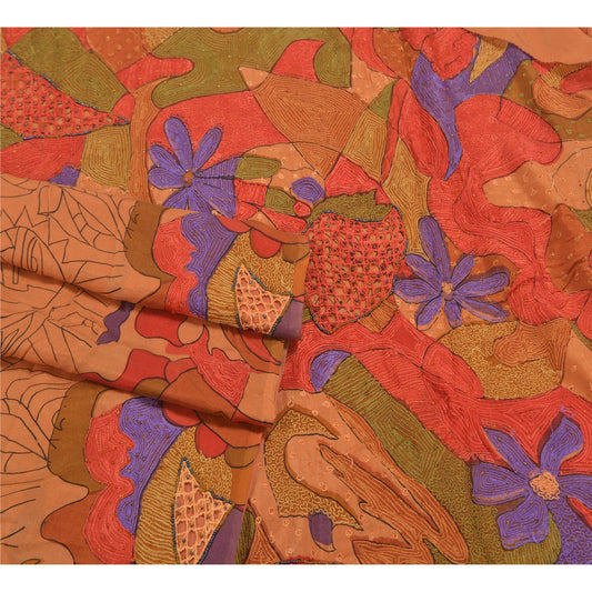 Sanskriti Vintage Dark Peach Sarees Pure Silk Hand Beaded Sari Craft Sustainable Fabric