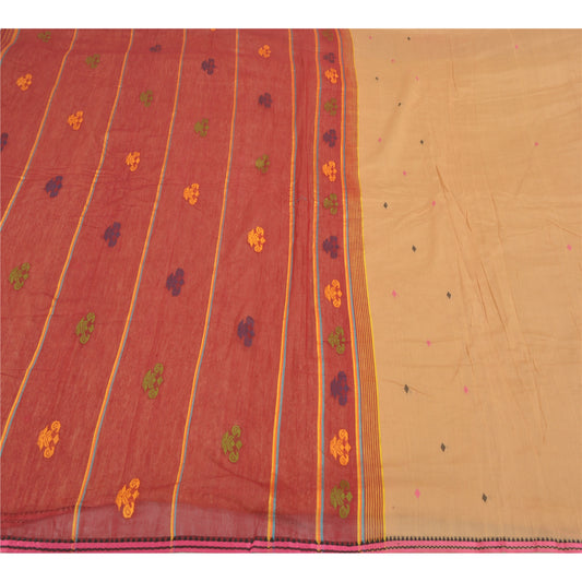 Sanskriti Vintage Cream Sarees Cotton Silk Hand-Woven Indian Tant Sari Sustainable Fabric