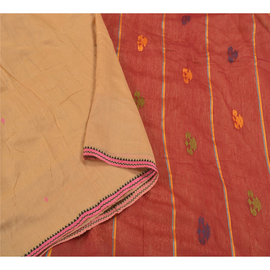 Sanskriti Vintage Cream Sarees Cotton Silk Hand-Woven Indian Tant Sari Sustainable Fabric
