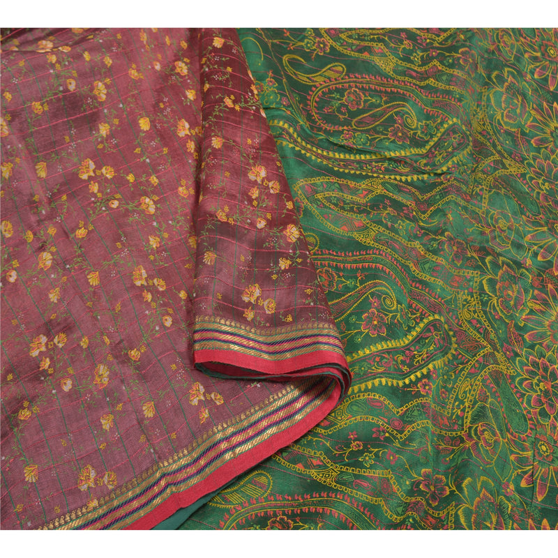 Sanskriti Vintage Dark Pink Sarees Blend Silk Block Printed Sari Craft Sustainable Fabric