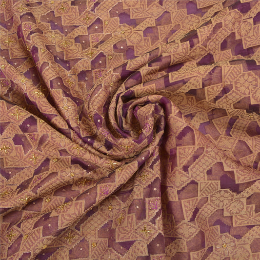 Sanskriti Vintage Purple Sarees Pure Organza Silk Hand Beaded Woven Sari Sustainable Fabric