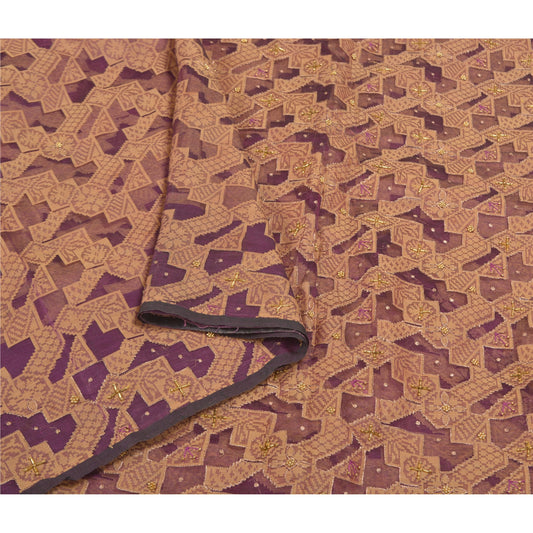 Sanskriti Vintage Purple Sarees Pure Organza Silk Hand Beaded Woven Sari Sustainable Fabric
