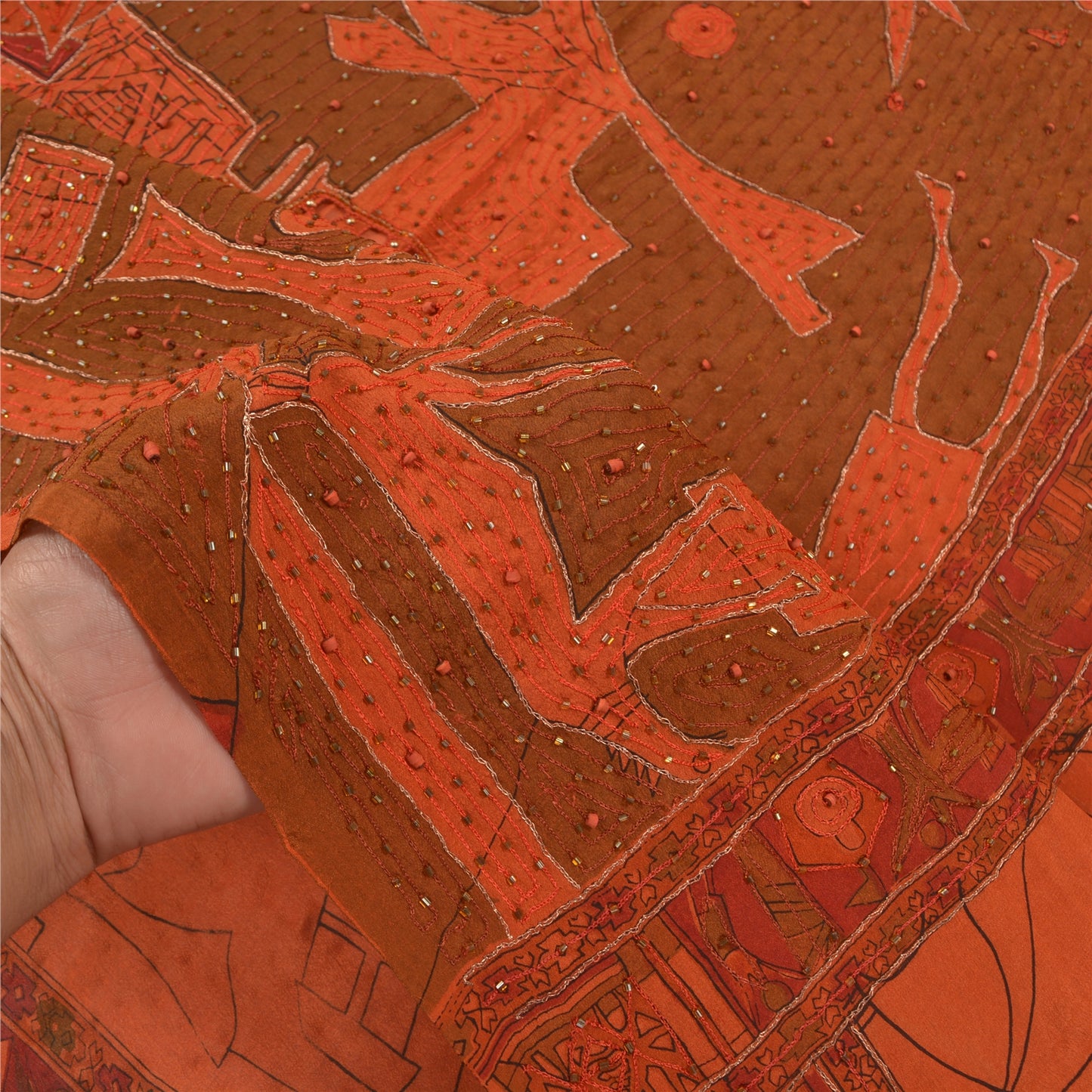 Sanskriti Vintage Rusty Orange Sarees Pure Silk Hand Beaded Premium Sari Sustainable Fabric