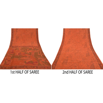 Sanskriti Vintage Rusty Orange Sarees Pure Silk Hand Beaded Premium Sari Sustainable Fabric