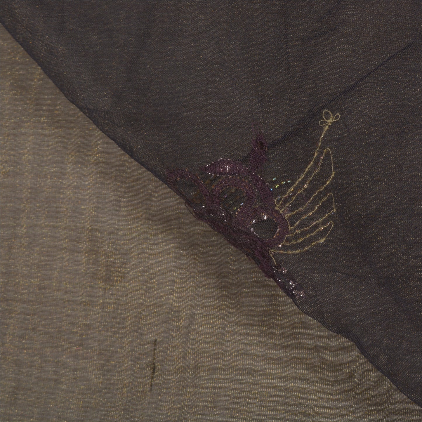 Sanskriti Vintage Black Sarees Net Mesh Black Handmade Mukesh Work Sari Sustainable Fabric