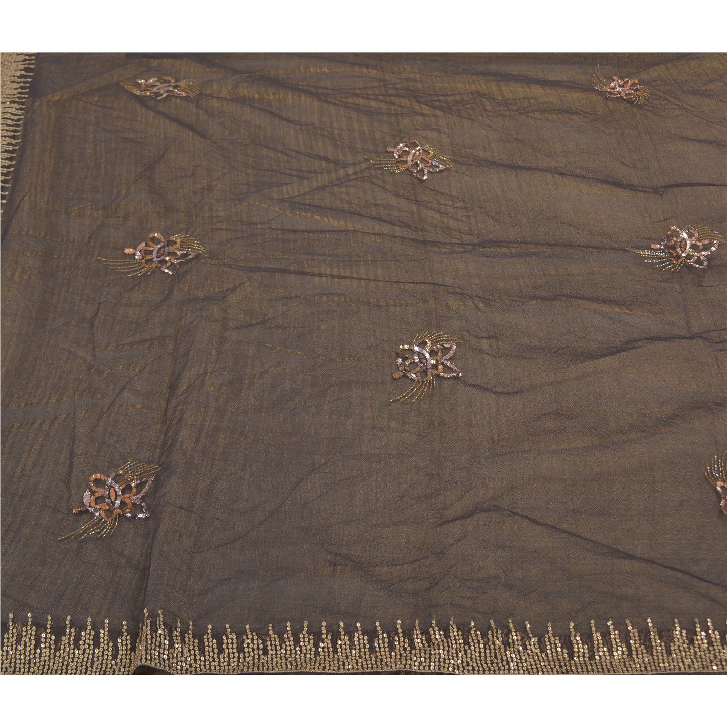 Sanskriti Vintage Black Sarees Net Mesh Black Handmade Mukesh Work Sari Sustainable Fabric