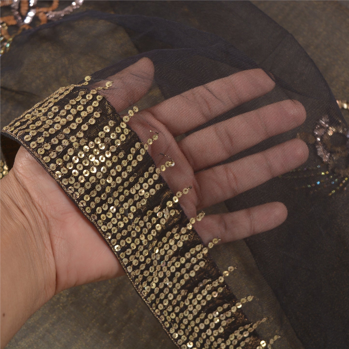 Sanskriti Vintage Black Sarees Net Mesh Black Handmade Mukesh Work Sari Sustainable Fabric