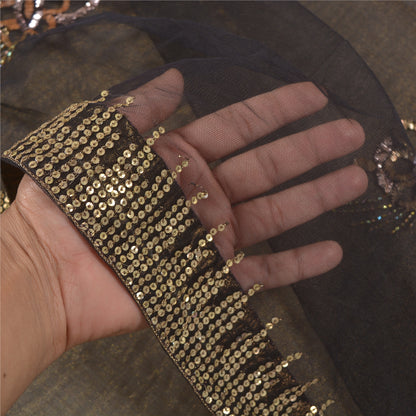 Sanskriti Vintage Black Sarees Net Mesh Black Handmade Mukesh Work Sari Sustainable Fabric