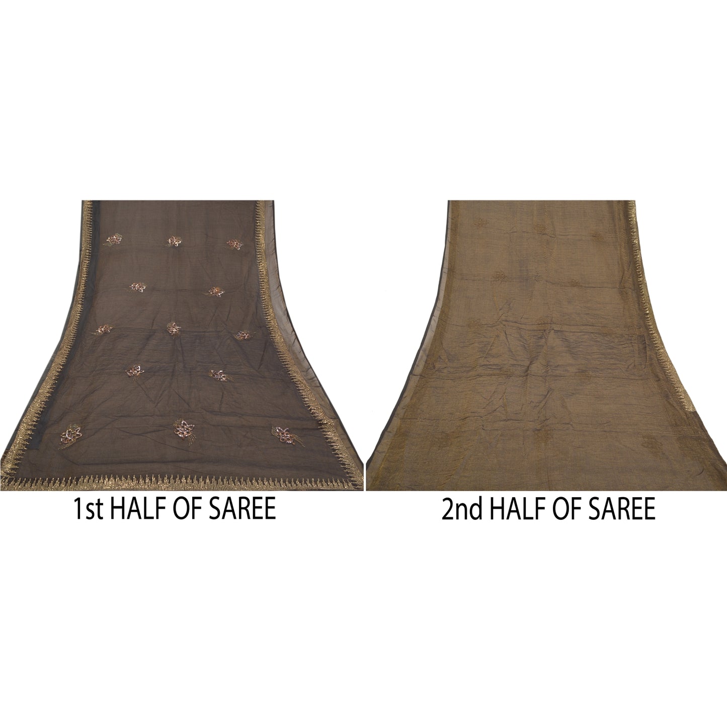 Sanskriti Vintage Black Sarees Net Mesh Black Handmade Mukesh Work Sari Sustainable Fabric