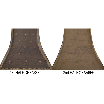 Sanskriti Vintage Black Sarees Net Mesh Black Handmade Mukesh Work Sari Sustainable Fabric