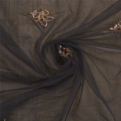 Sanskriti Vintage Black Sarees Net Mesh Black Handmade Mukesh Work Sari Sustainable Fabric