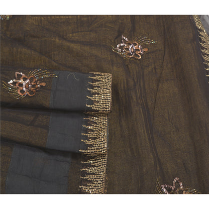 Sanskriti Vintage Black Sarees Net Mesh Black Handmade Mukesh Work Sari Sustainable Fabric