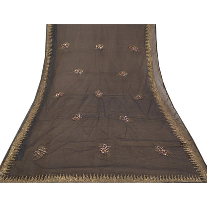 Sanskriti Vintage Black Sarees Net Mesh Black Handmade Mukesh Work Sari Sustainable Fabric