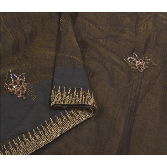 Sanskriti Vintage Black Sarees Net Mesh Black Handmade Mukesh Work Sari Sustainable Fabric