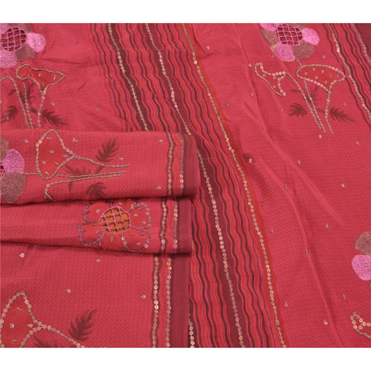 Sanskriti Vintage Dark Red Sarees 100% Pure Silk Hand Beaded Premium Sari Sustainable Fabric