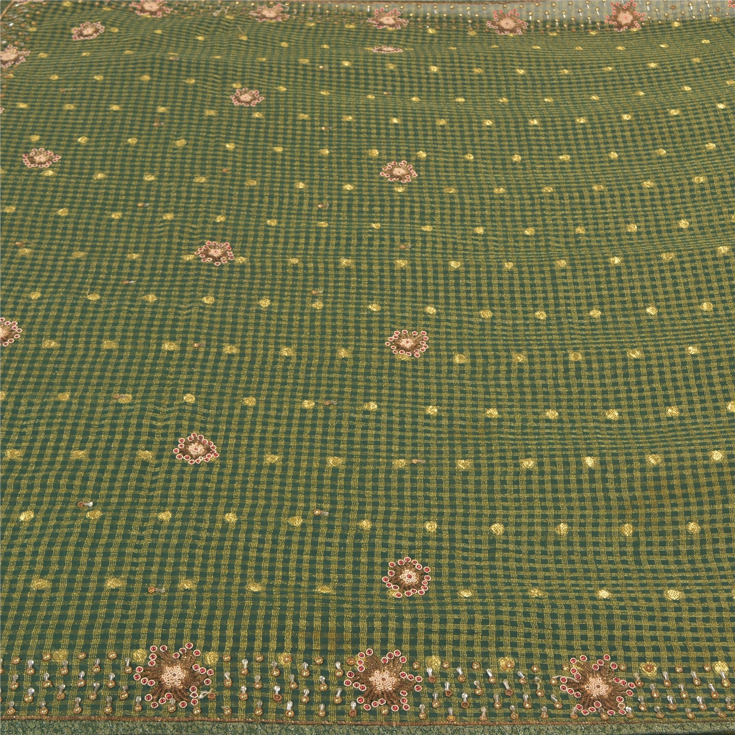 Sanskriti Vintage Green Indian Sarees Cotton Hand Beaded Woven Sari Sustainable Fabric
