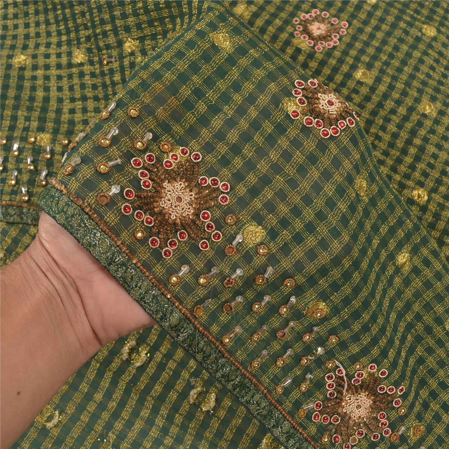 Sanskriti Vintage Green Indian Sarees Cotton Hand Beaded Woven Sari Sustainable Fabric