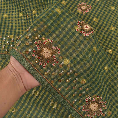 Sanskriti Vintage Green Indian Sarees Cotton Hand Beaded Woven Sari Sustainable Fabric