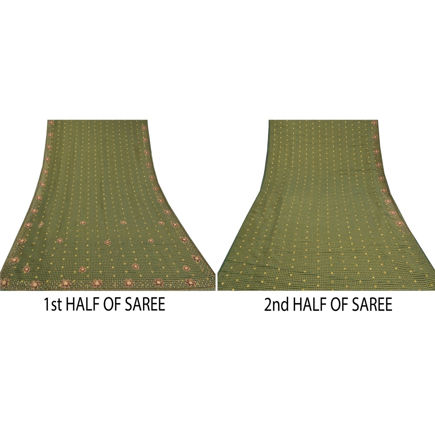 Sanskriti Vintage Green Indian Sarees Cotton Hand Beaded Woven Sari Sustainable Fabric