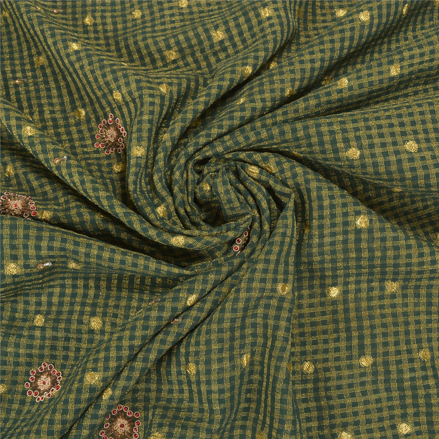 Sanskriti Vintage Green Indian Sarees Cotton Hand Beaded Woven Sari Sustainable Fabric