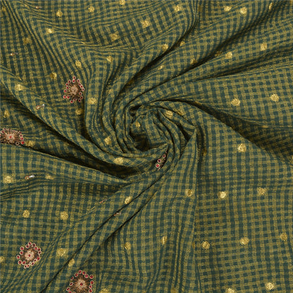Sanskriti Vintage Green Indian Sarees Cotton Hand Beaded Woven Sari Sustainable Fabric