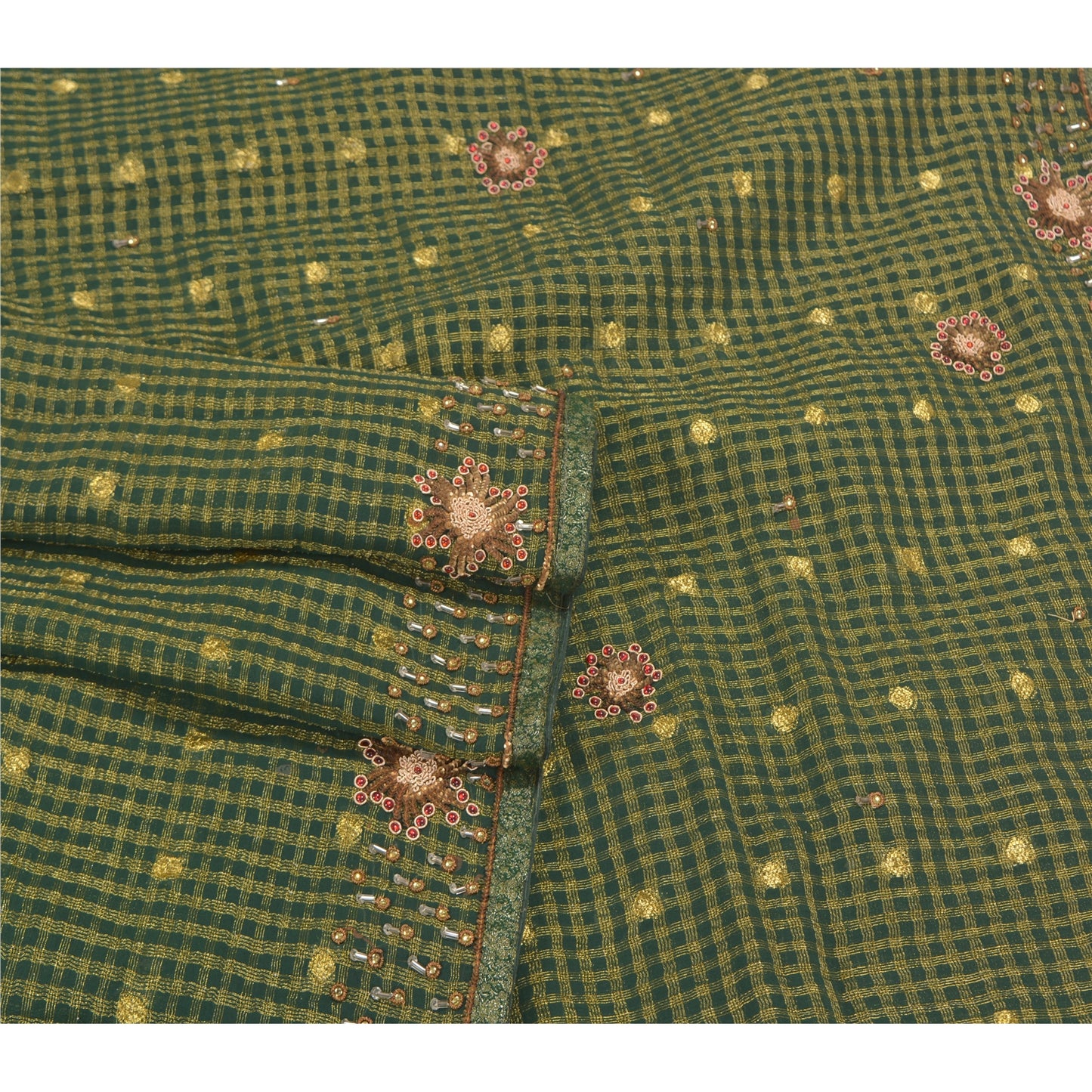 Sanskriti Vintage Green Indian Sarees Cotton Hand Beaded Woven Sari Sustainable Fabric