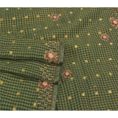 Sanskriti Vintage Green Indian Sarees Cotton Hand Beaded Woven Sari Sustainable Fabric