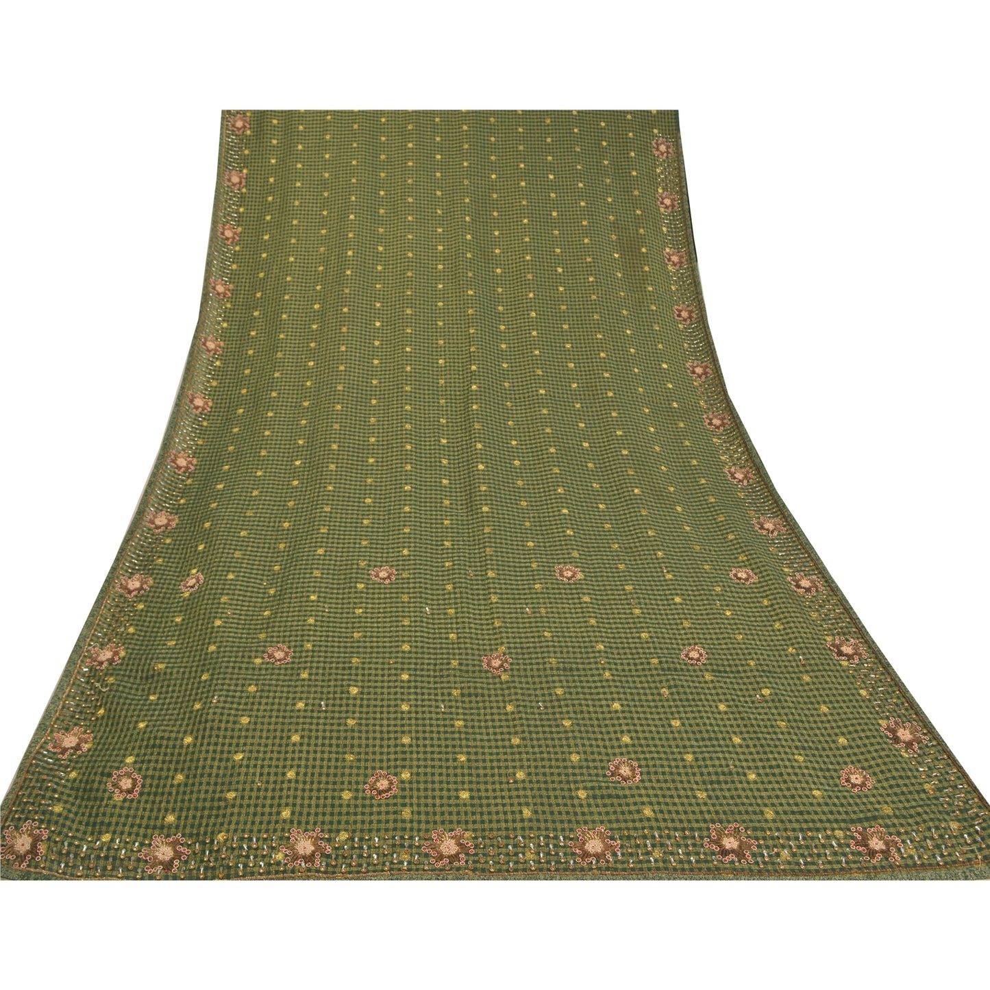 Sanskriti Vintage Green Indian Sarees Cotton Hand Beaded Woven Sari Sustainable Fabric