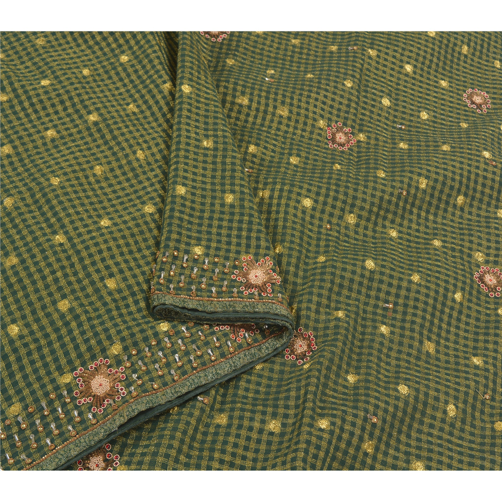 Sanskriti Vintage Green Indian Sarees Cotton Hand Beaded Woven Sari Sustainable Fabric