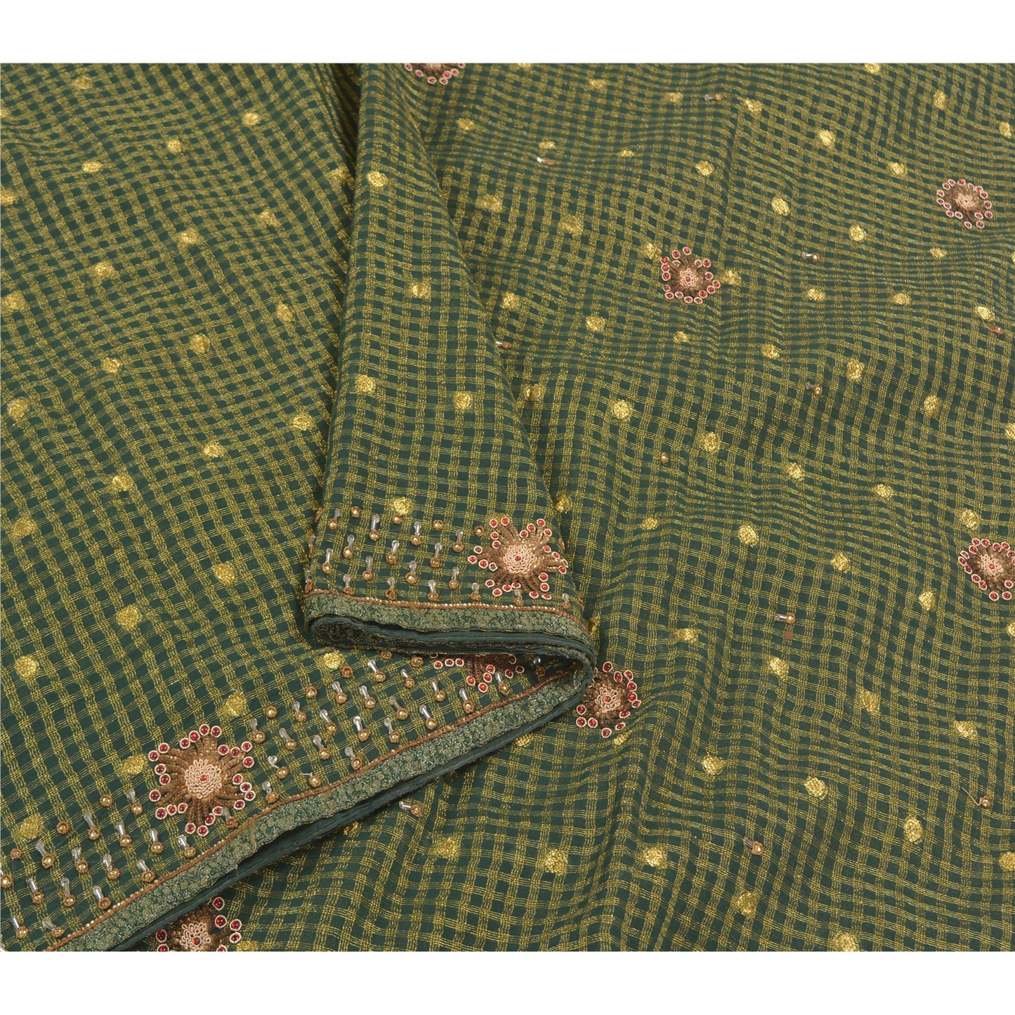 Sanskriti Vintage Green Indian Sarees Cotton Hand Beaded Woven Sari Sustainable Fabric