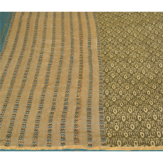 Sanskriti Vintage Green Indian Sarees 100% Pure Cotton Printed Sari Craft Sustainable Fabric