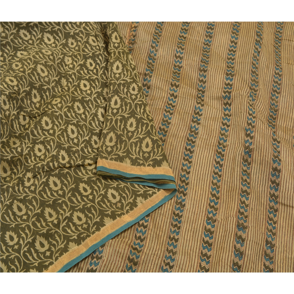 Sanskriti Vintage Green Indian Sarees 100% Pure Cotton Printed Sari Craft Sustainable Fabric