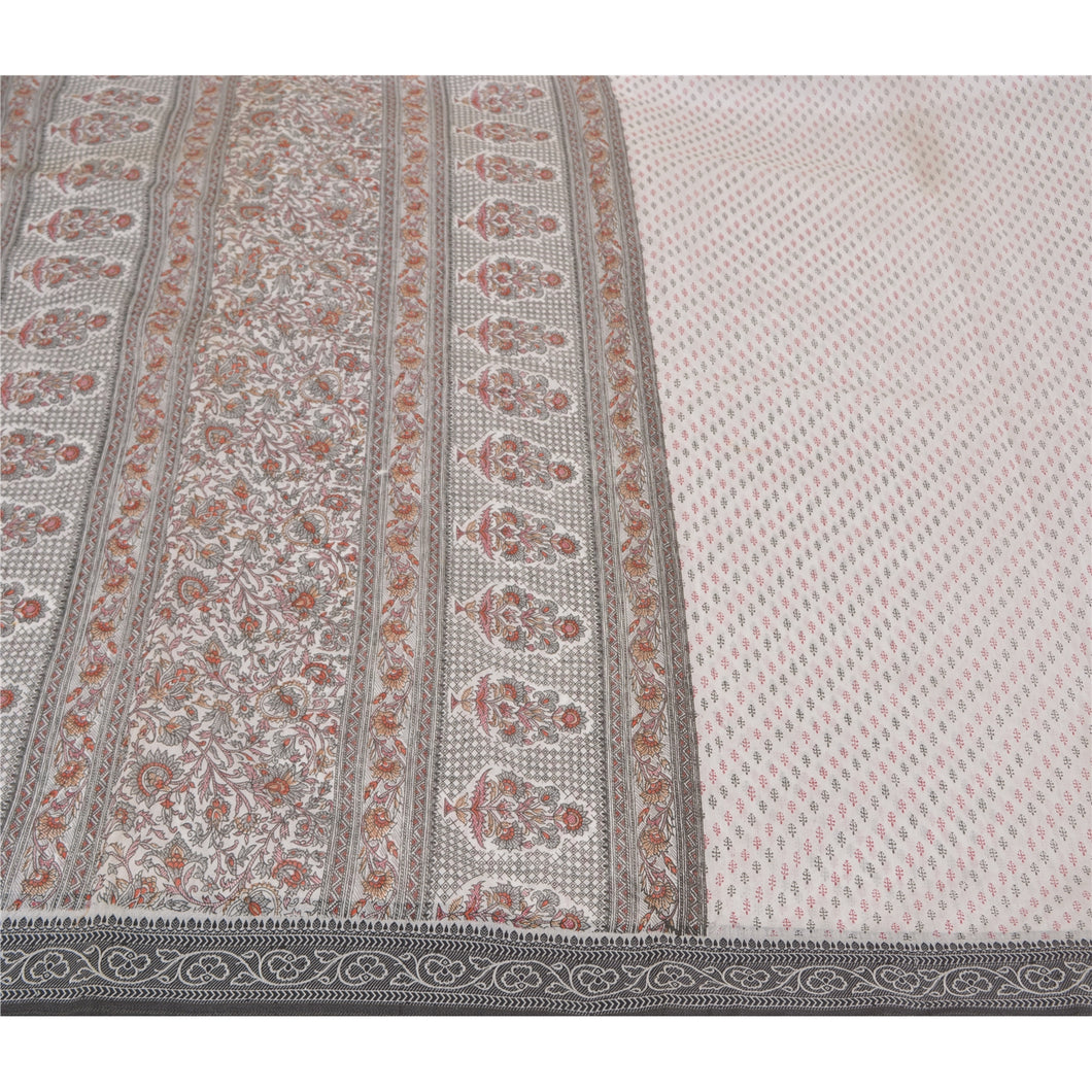 Sanskriti Vintage White Sarees Blend Silk Printed Premium Sari Craft Fabric