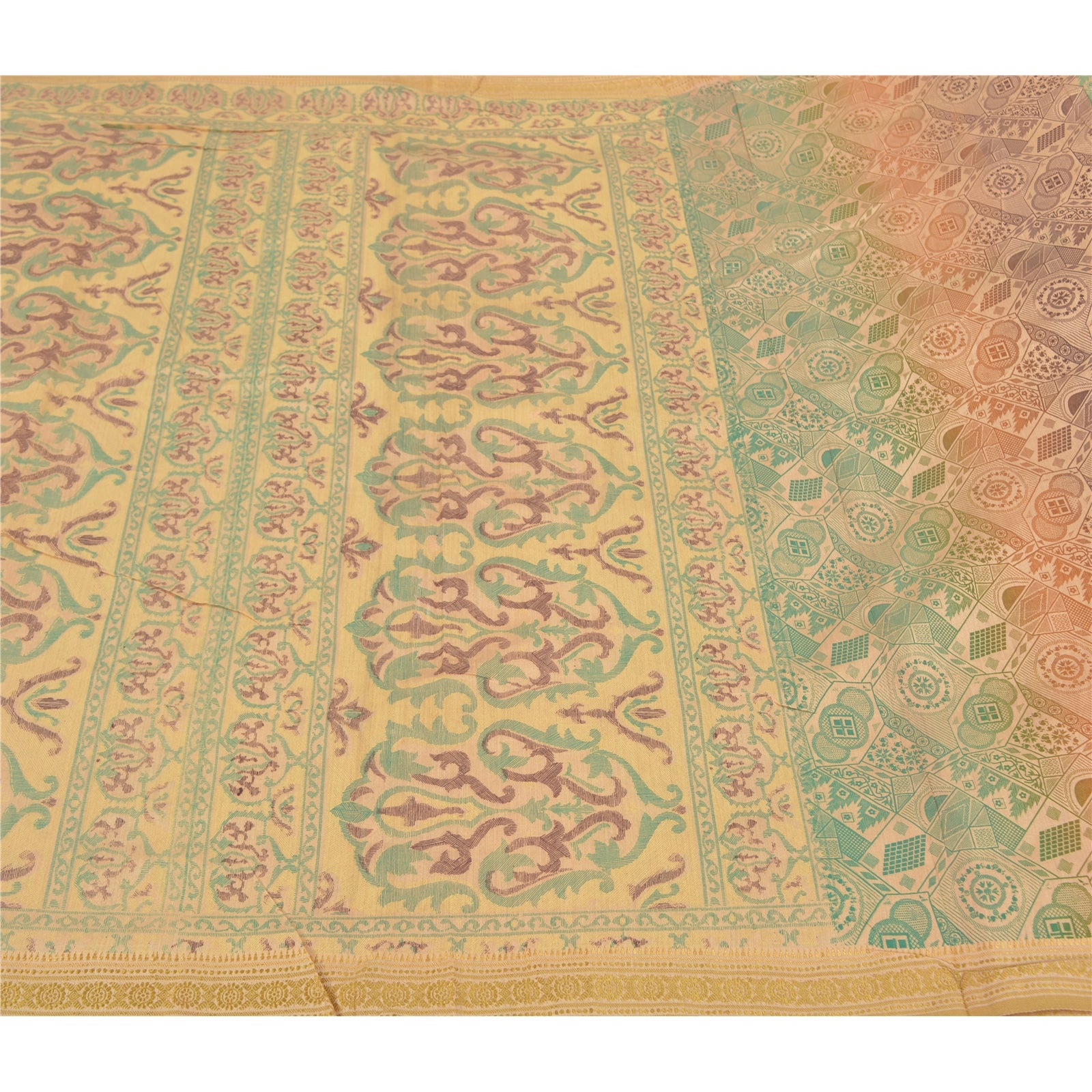 Sanskriti Vintage Sari Cotton Silk Indian Ivory Saree Printed Ethnic 6Yd Craft Fabric Bohemian Fabric For Dressmaking,Craft Supplies