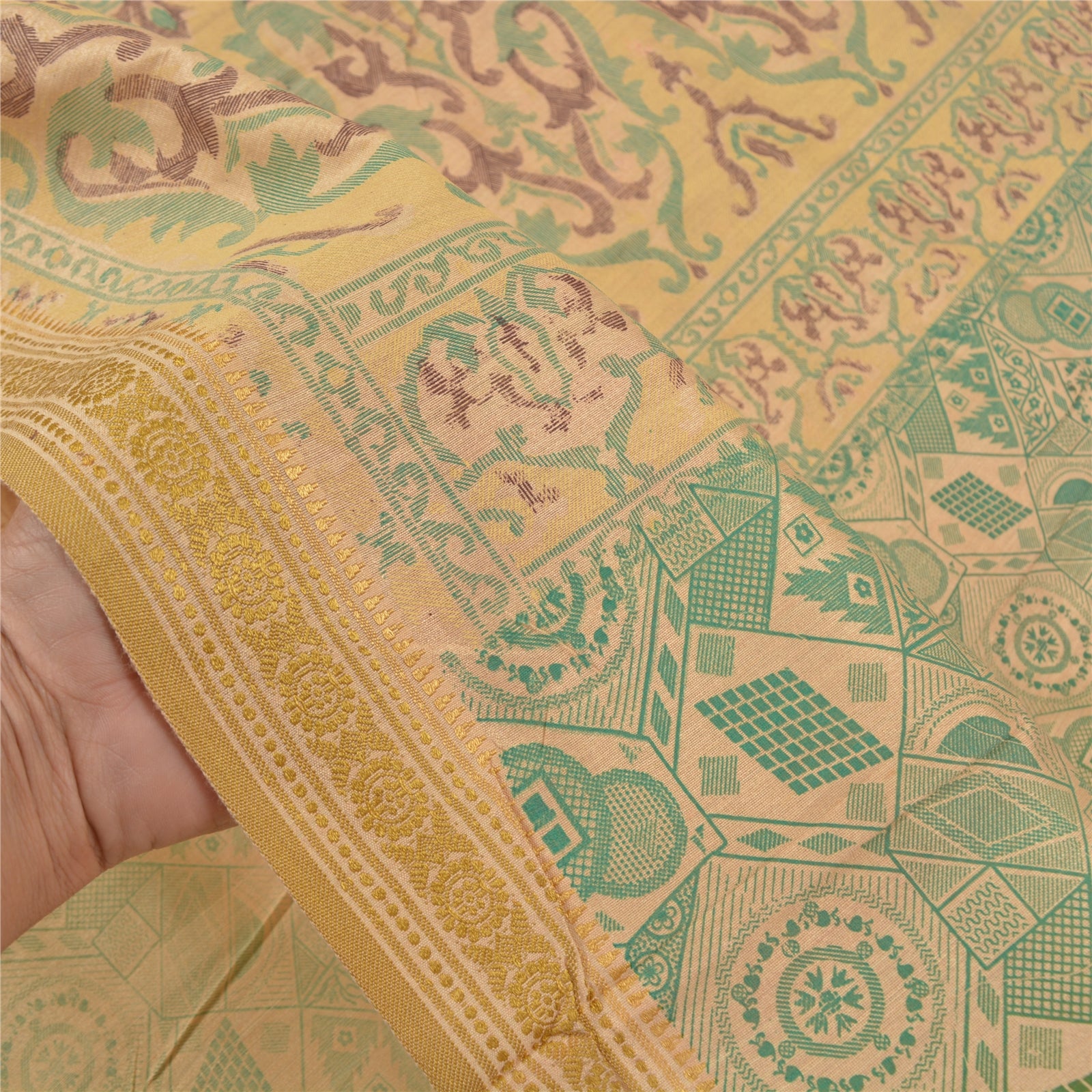 Sanskriti Vintage Sari Cotton Silk Indian Ivory Saree Printed Ethnic 6Yd Craft Fabric Bohemian Fabric For Dressmaking,Craft Supplies