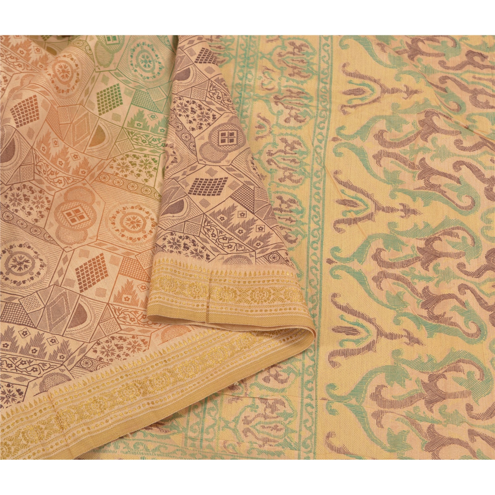 Sanskriti Vintage Sari Cotton Silk Indian Ivory Saree Printed Ethnic 6Yd Craft Fabric Bohemian Fabric For Dressmaking,Craft Supplies