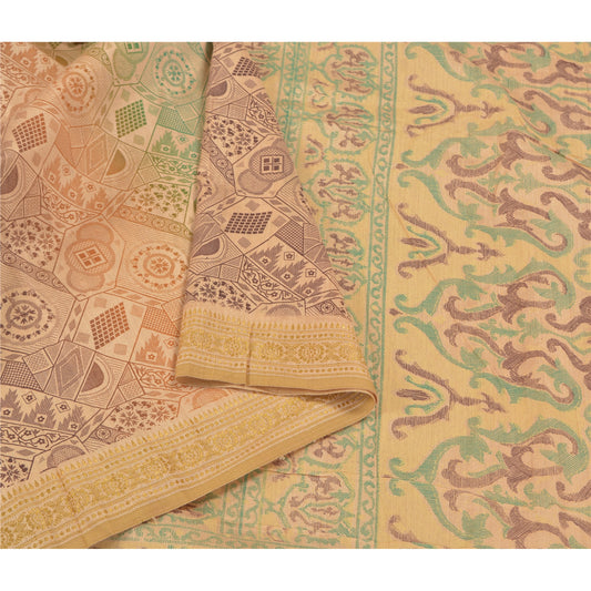 Sanskriti Vintage Ivory Indian Sarees Blend Silk Painted Premium Sari Sustainable Fabric