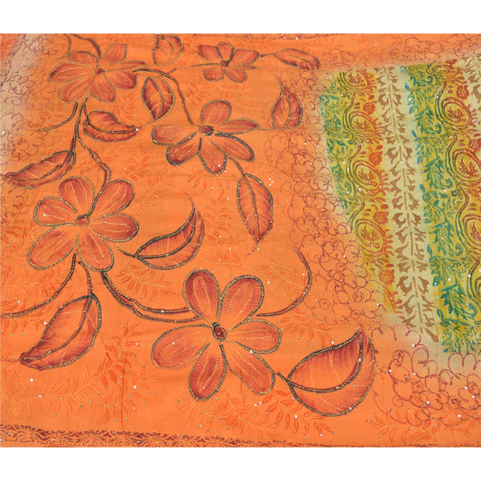 Sanskriti Vintage Orange Sarees Pure Silk Hand Beaded Kantha Sari Craft Sustainable Fabric