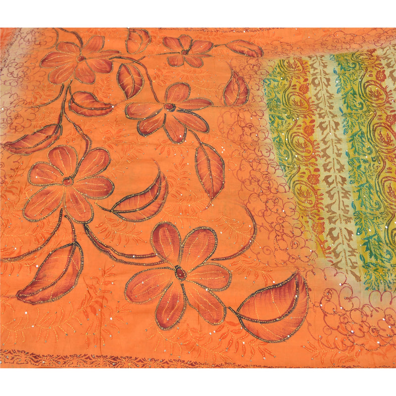 Sanskriti Vintage Saree 100% Pure Silk Orange & Green Saree Hand Beaded Sequins 5+yd Craft Fabric From West Bengal Of Indian Kantha Sari
