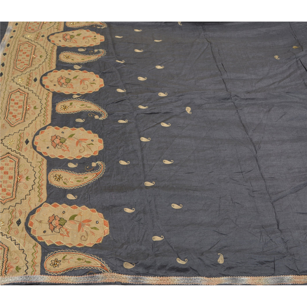 Sanskriti Vintage Greyish Black Sarees Pure Silk Hand Beaded Premium Sari Fabric