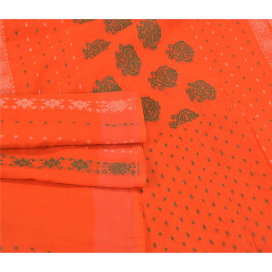 Sanskriti Vintage Orange Indian Sarees 100% Pure Cotton Hand-Woven Sari Sustainable Fabric