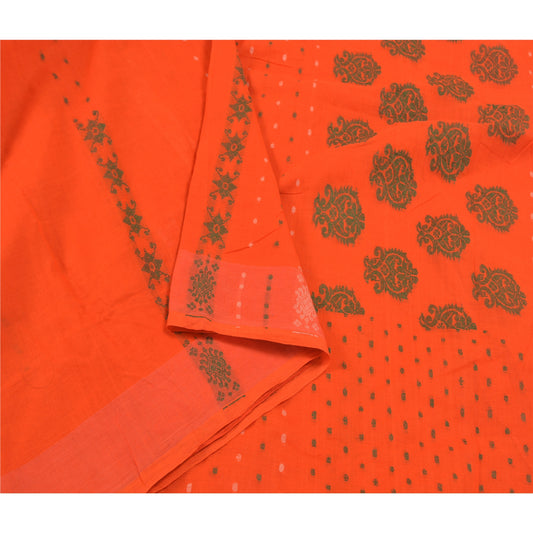 Sanskriti Vintage Orange Indian Sarees 100% Pure Cotton Hand-Woven Sari Sustainable Fabric