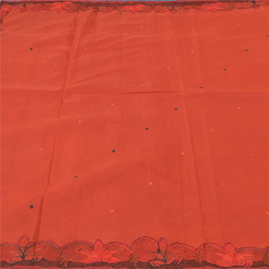 Sanskriti Vintage Brick Red Indian Sarees Pure Silk Embroidered 5 Yd Sari Sustainable Fabric