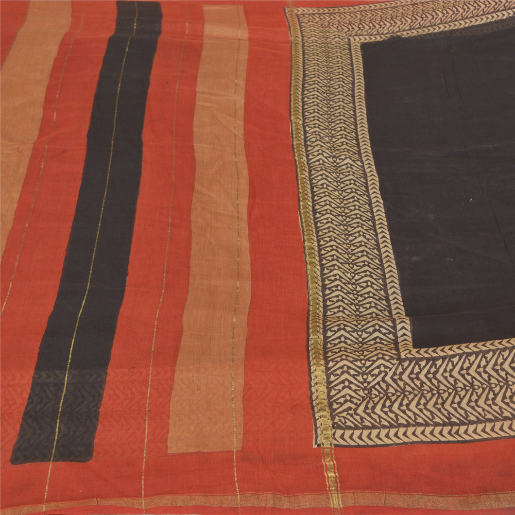 Sanskriti Vintage Black Indian Sarees Pure Cotton Printed Woven Sari Fabric